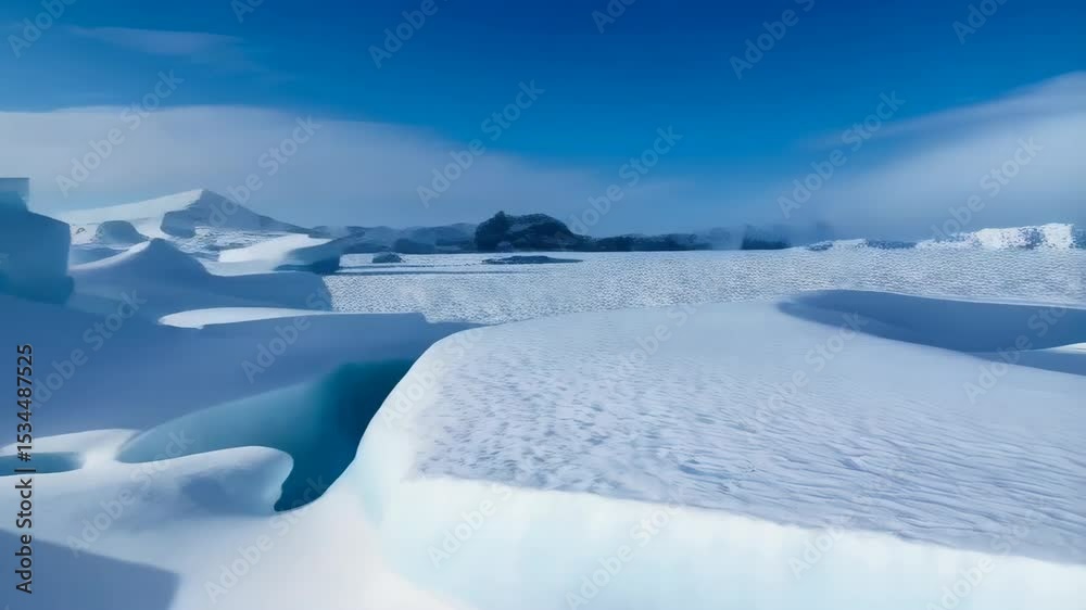 Serene landscape of frozen ice formations covered in fresh snow under a bright blue sky with scattered clouds in winter Serene landscape of frozen ice formations covered in fresh snow under a bright blue sky with scattered clouds in winter