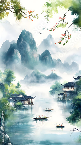 Traditional Chinese Ink Landscape Painting Mountains Mist Boat