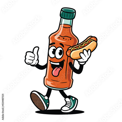 A playful cartoon of a tall glass bottle of hot sauce with big eyes, wearing sneakers