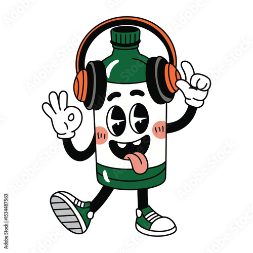 A lively cartoon bottle character with a cheerful expression, wearing large orange and black headphones