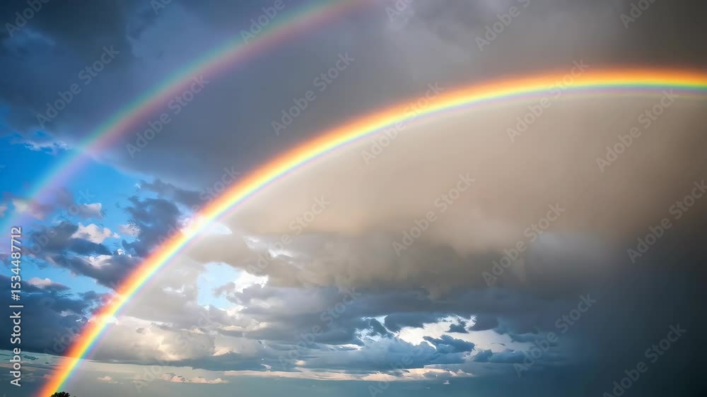 Vibrant double rainbow arches across a cloudy, dramatic sky with a hint of blue, evoking hope and natural beauty.