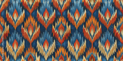 Vibrant blue and orange patterned fabric featuring a traditional diamond motif.