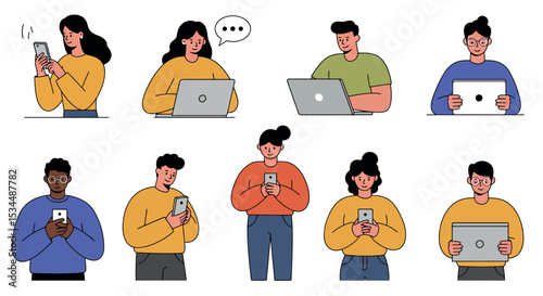 Diverse group of individuals using technology devices and laptops vector illustration