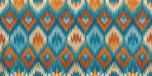 Vibrant blue and orange patterned textile with diamond shapes and flowing designs.