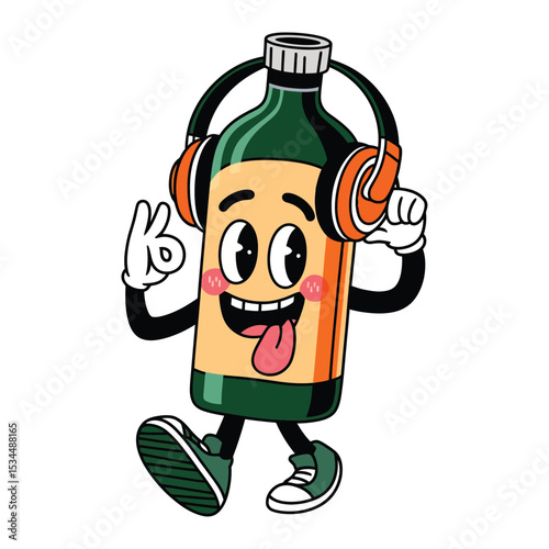 A lively cartoon bottle character with a cheerful expression, wearing large orange and black headphones