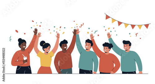 Joyful group of diverse people celebrating together with confetti and banners vector illustration