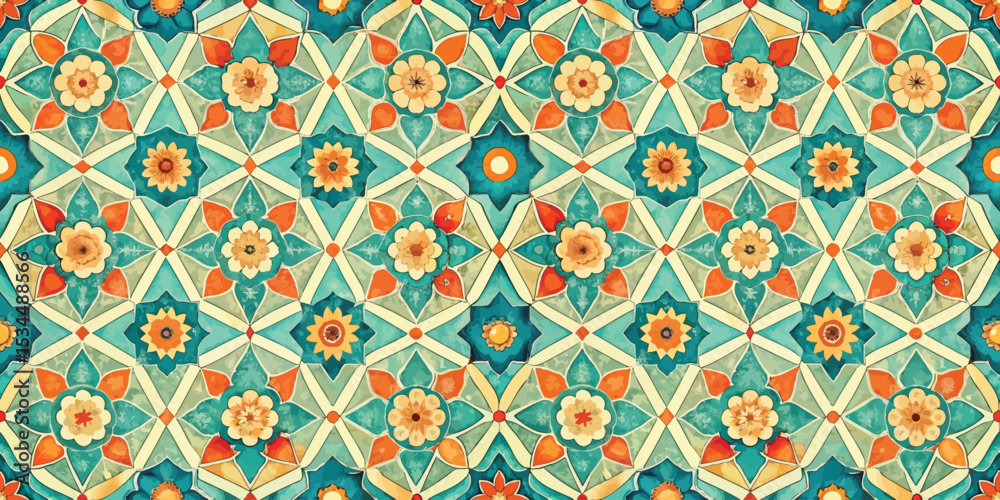 Fototapeta premium Vibrant geometric floral pattern in orange and turquoise tones.