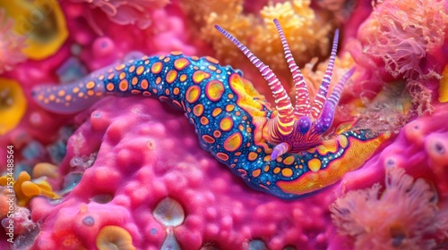 Vibrant nudibranch crawling on bright pink coral reef.