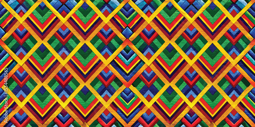 Vibrant patchwork quilt featuring colorful geometric patterns in bold hues.