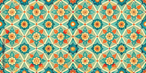 Vibrant geometric floral pattern in orange and turquoise tones.