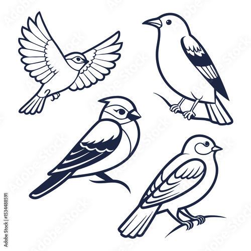 Cute Outline Birds in Flight and Perched