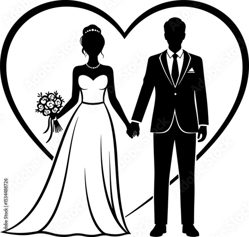 Elegant silhouette vector illustration of a couple on their wedding day, capturing the bride and groom in a loving pose