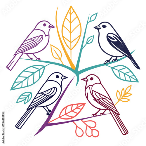Three Birds in a Floral Wreath, a Charming Illustration