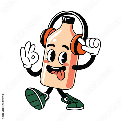 A lively cartoon bottle character with a cheerful expression, wearing large orange and black headphones