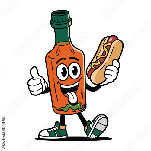 A playful cartoon of a tall glass bottle of hot sauce with big eyes, wearing sneakers