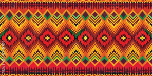 Vibrant geometric textile pattern in warm colors with intricate designs.