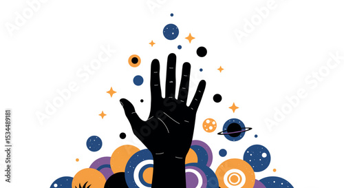 Silhouette of hand reaching into abstract cosmic design with stars and planets vector illustration