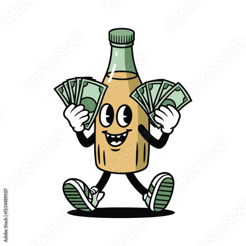A cheerful, anthropomorphic bottle character with a light green cap and a mix of green and tan coloring on its body is standing upright