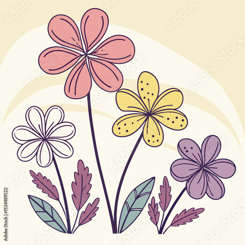 Delicate Floral Design with Pastel Flowers and Leaves
