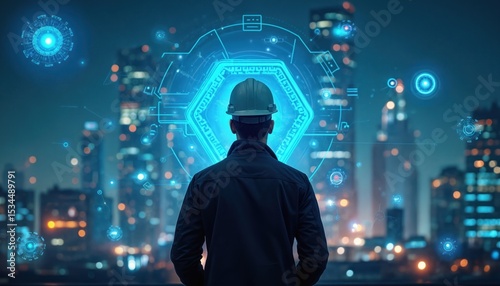 Wallpaper Mural Engineer architect looks at future tech innovation. Modern digital transformation, infrastructure, boosting productivity, efficiency in industry. City skyline background, cyberspace, network, digital Torontodigital.ca