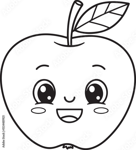 Cute Smiling Apple Cartoon with Leaf - Vector Clipart Illustration