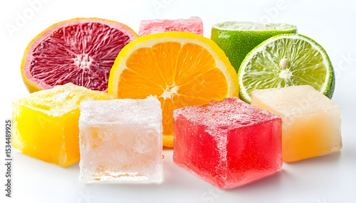 Ice cubes with slices of fresh citrus fruits on white background