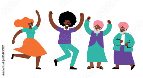 Diverse group celebrating with dance and joyful expressions vector illustration