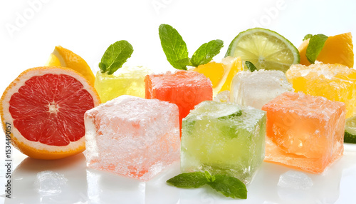 Ice cubes with slices of fresh citrus fruits on white background