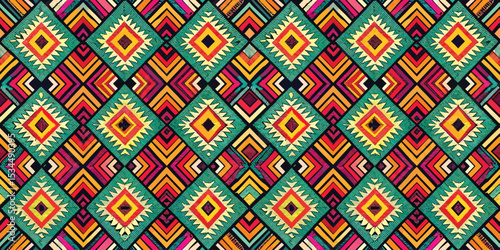 Vibrant geometric pattern with colorful diamonds and lines.