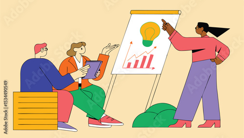 Team members discussing a new business idea during a brainstorming session with charts and a lightbulb symbol for innovation