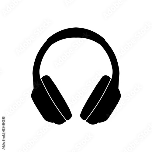 A simple black and white illustration of a pair of over ear headphones with a curved headband design