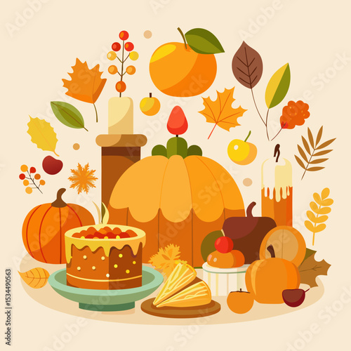 Thanksgiving Day Vector with Harvest Food and Autumn Elements on White Background