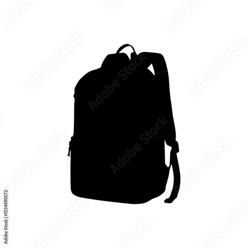 Silhouette illustration of a backpack with straps and a zipper pocket against a white background