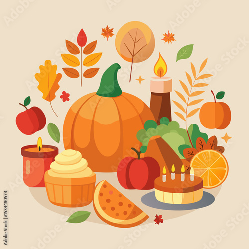 Thanksgiving Day Vector with Harvest Food and Autumn Elements on White Background