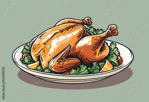roasted chicken with vegetables on a plate cartoon vector illustration