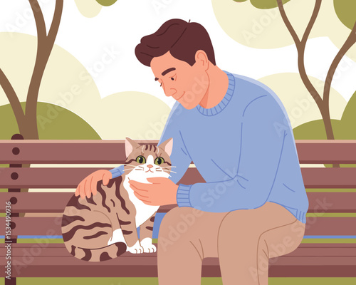 Man and Cat Sharing a Peaceful Moment on a Park Bench A Charming Vector Illustration