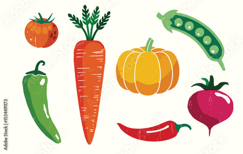 Vibrant Vegetable Illustration risograph effect Carrots, Tomatoes, Peppers, Pumpkins & More