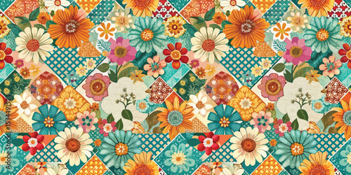 Colorful floral pattern with diverse flowers on a vibrant quilt-like background.