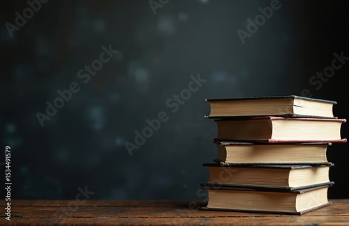 Stack books university library black background. Education, literature, learning, reading concept. Knowledge, science, study, research. Old textbooks, hardcover books pile, reading materials in