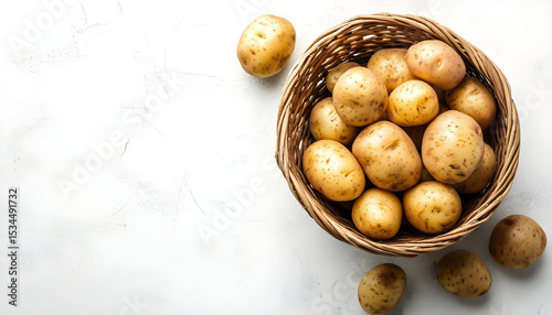 Wicker bowl with raw potatoes on white table