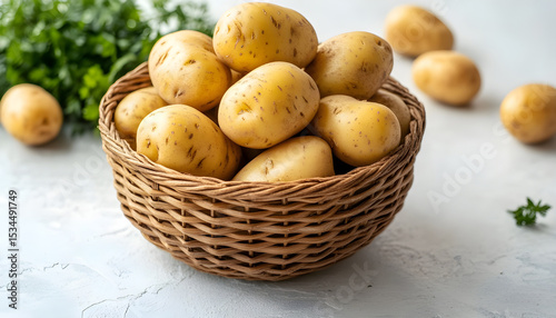 Wicker bowl with raw potatoes on white table