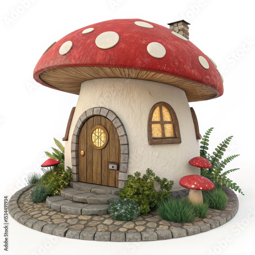 Fantasy Mushroom House: A whimsical mushroom house, with a vibrant red and white cap, invites imagination. Detailed and imaginative design.