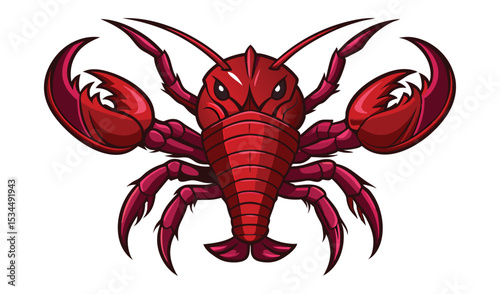 Cartoon Red Crawfish with Large Claws on a White Background, Detailed Illustration