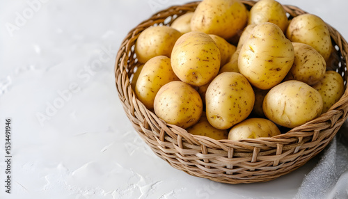 Wicker bowl with raw potatoes on white table