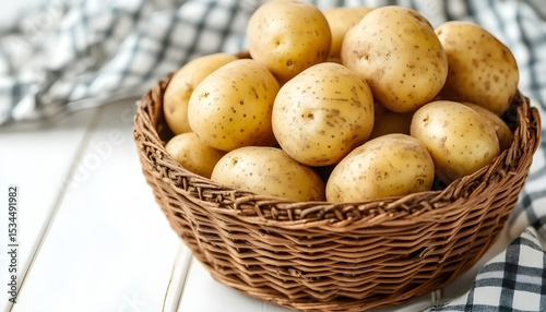 Wicker bowl with raw potatoes on white table