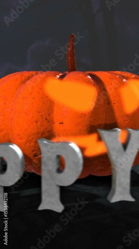 Seamless vertical video of a pumpkin with Halloween letters spinning around.