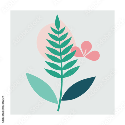 Stylized Fern and Flower in Soft Green Palette
