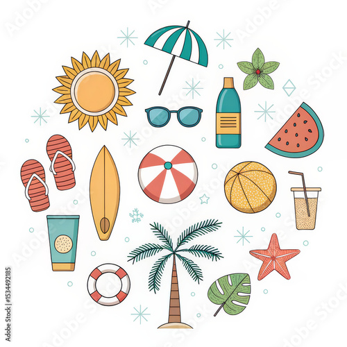 Summer Holiday Icons:A collection of essential summer holiday icons arranged in a playful circular composition.