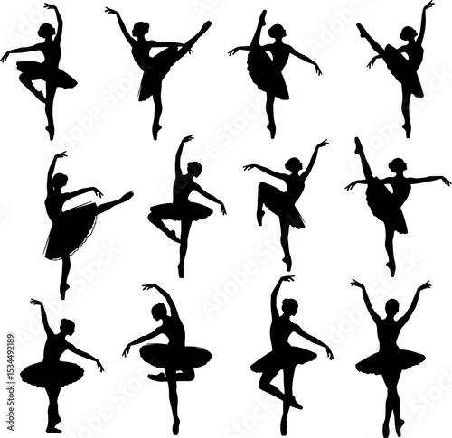 Elegant ballet dancer silhouettes in various poses.