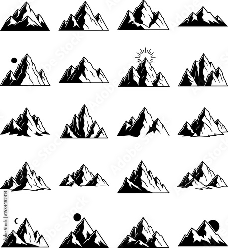 Simple black and white mountain silhouettes, ideal for design elements.